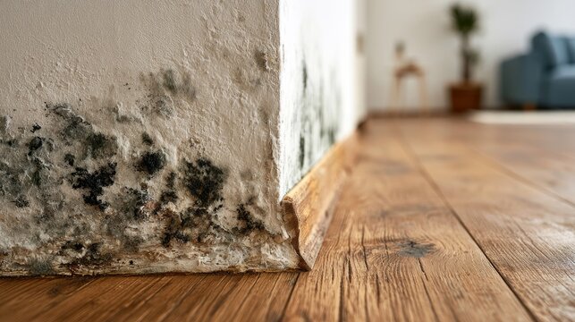 Close-up of black mold growth on interior wall corner and baseboard