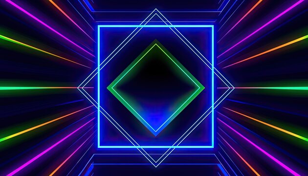 Abstract glowing neon geometric shapes receding into dark tunnel