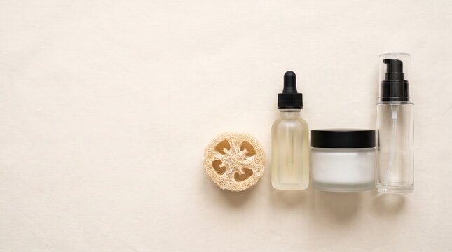 A minimalist arrangement of natural skincare products, including a dropper bottle, a jar of cream, and a pump dispenser, sits beside a loofah on a textured neutral background.