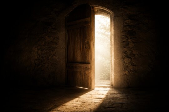 Open wooden door in dark stone wall leading to bright light. Concept of opportunity, hope and new beginning. Exit from basement into sunny garden. Architectural scene with perspective.