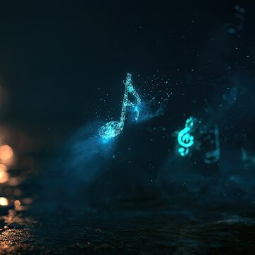 Glowing, ethereal musical notes emerge from a dark, textured surface