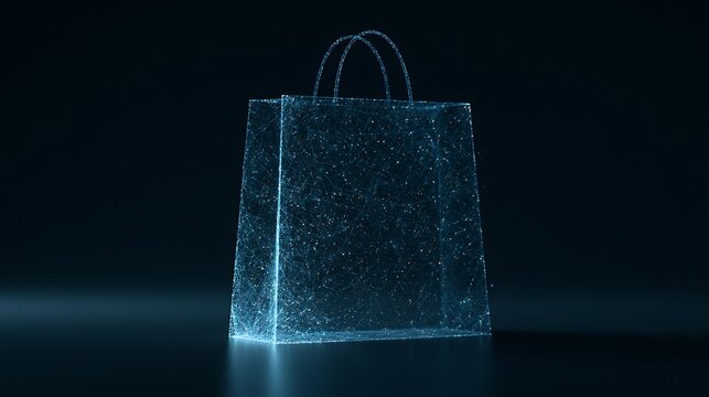 A digital wireframe shopping bag glows with data points on dark background. Symbol of online retail and e-commerce.