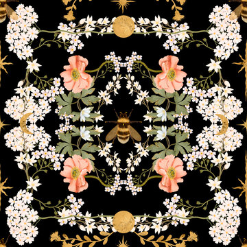 Symmetrical vintage pattern with meadow flowers, pink poppies and bees on black background, raster botanical illustration