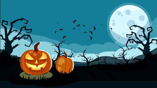 Halloween Haunted House with Full Moon Flying Bats Glowing Pumpkins Background