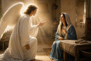 Obraz premium Angel appearing to Mary in a rustic room. Biblical scene depicting the Annunciation with a man as an angel and a woman as Mary. Christian religious art for church celebration.