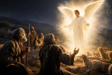 Obraz premium Angel appearing to shepherd in field at night. Glowing heavenly figure announcing birth of Christ. Biblical scene of nativity story. Religious faith and divine miracle concept.