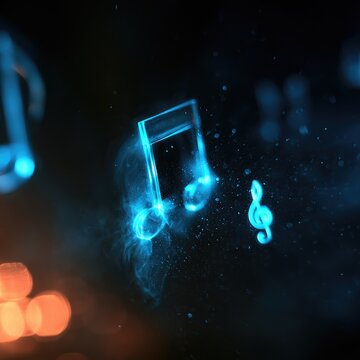 Glowing blue musical notes dance with bokeh lights on a dark background