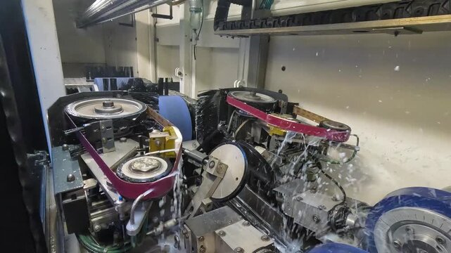 Inside of ski maintenance and repair automatic machine, water spraying over grinding stones and belts, used to sharpen edges