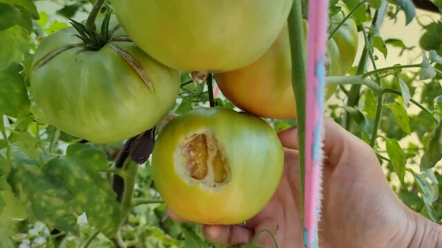The gardener carefully touches a damaged green tomato with a bird peck mark in a greenhouse. Agricultural issues, crop protection and pest control concept.