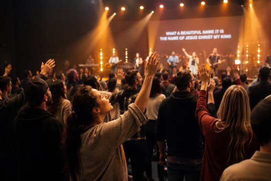 Woman and man with arm raised in worship at christian church service. Crowd of people singing and praising during religious event. Spiritual atmosphere with stage light and lyric screen.