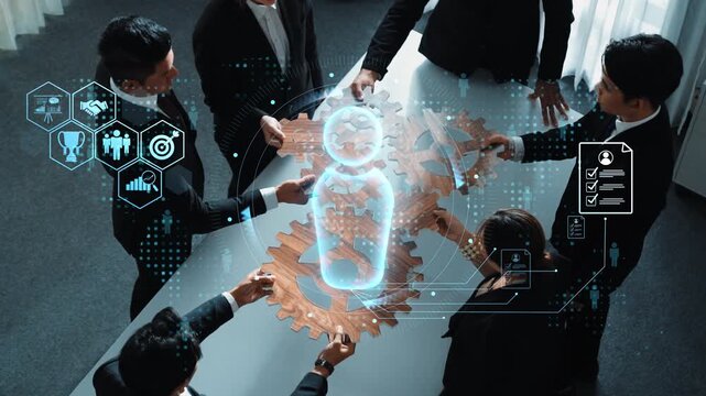 A group of professionals engaged in a collaborative business meeting, utilizing digital technology and innovation for strategic planning and team engagement. Raster