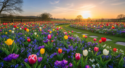 Obraz premium Colorful Tulip Field in Spring with Pink, Red, Purple, and Yellow Flowers Under a Beautiful Blue Sky