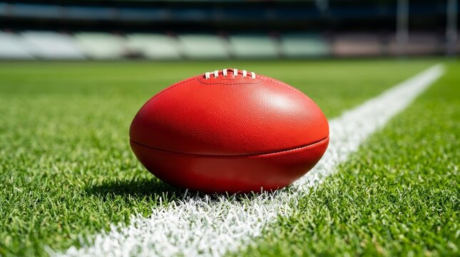 A red Australian Rules football rests on a pristine green grass field with a white line.