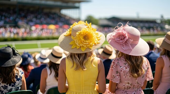 Fashionable women wearing ornate hats at a sunny horse race event.