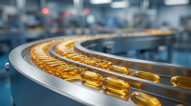 Golden softgels move along an automated production line in a modern pharmaceutical plant.