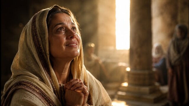 Woman in traditional ancient garment praying in stone temple. Religious middle eastern lady looking up with devotion. Spiritual concept of faith, hope, prayer and worship in historical setting.
