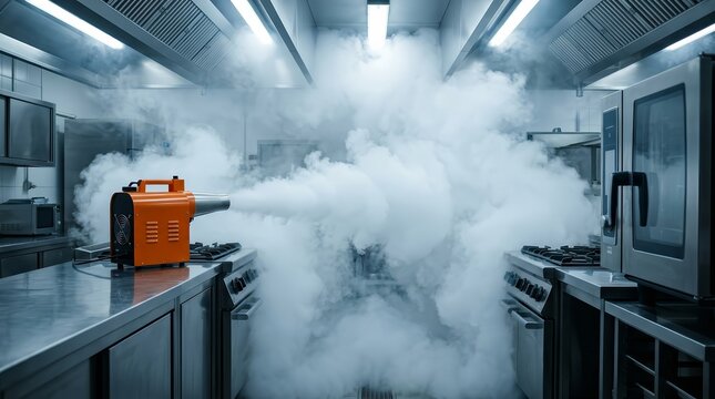 Commercial kitchen fogging machine emitting dense white vapor for sanitation.