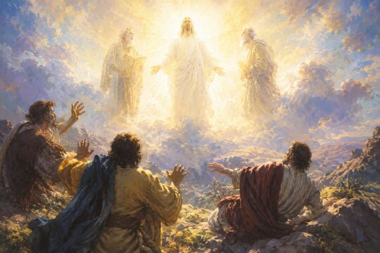 Jesus Christ transfigured on a mountain with Moses and Elijah appearing to his disciples. Biblical scene of divine glory and light. Religious faith, spiritual inspiration, and miracle.
