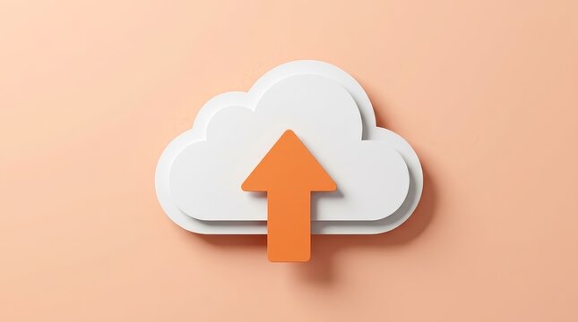 Paper art cloud icon with an orange upload arrow for digital data transfer.