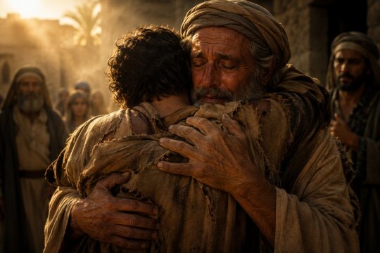 Elderly man embracing young man in ancient village setting. Father hugging son as symbol of forgiveness and reunion. Biblical scene representing compassion, love and emotional support.