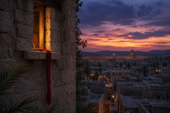 Stone window overlooking an ancient city at sunset. Red fabric hanging from a ledge with a warm glow inside. Medieval town landscape during twilight. Historical travel and vacation concept.