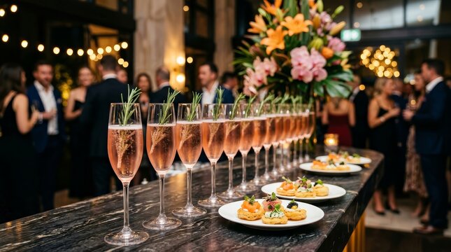Elegant pink cocktails and appetizers served at a festive event with floral decor.