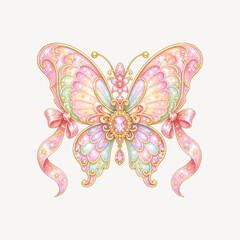 Fototapeta premium Pastel jeweled butterfly illustration with ornate gold details