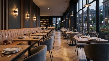 Fototapeta premium Elegant modern restaurant interior with plush seating and fine dining tables.