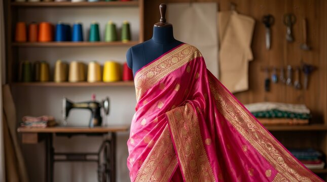 Vibrant pink silk saree with gold brocade border displayed on a mannequin.