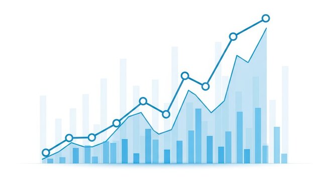 Blue line graph showing upward financial growth trend with vertical bar charts on white background