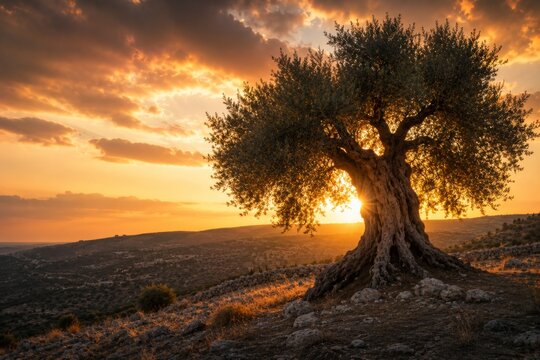 Old olive tree on a hill during a golden sunset. Scenic Mediterranean landscape with sun rays through branches. Natural beauty, peace, and eternal growth concept for travel background.