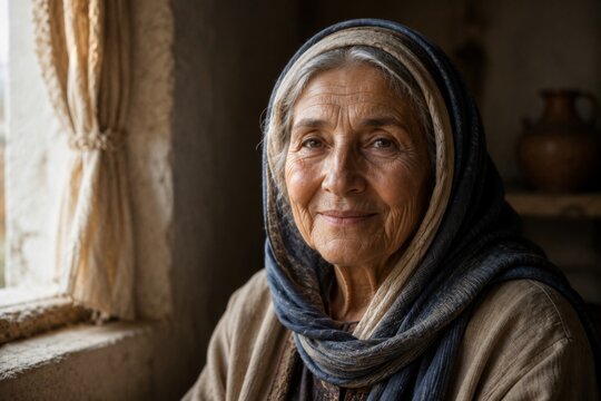 Portrait of an elderly woman wearing a headscarf looking at camera. Grandmother in traditional clothing inside a rustic house. Concept of aging, wisdom, humanity, and ethnic heritage.