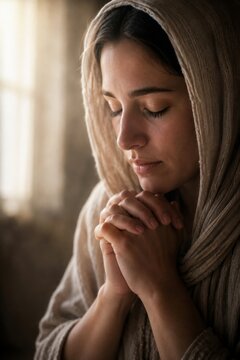Woman with head covering praying with folded hands. Religious devotion and spiritual meditation. Faithful character in ancient attire. Hope and peace in worship concept.