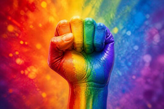 Painted fist raised displaying rainbow colors on vibrant background