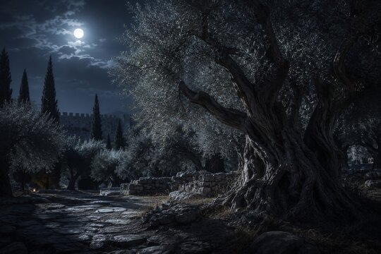 Old olive tree at night in the garden of Gethsemane under full moon. Ancient landscape with stone wall and cypress tree. Religious historical scenery in Jerusalem at midnight.