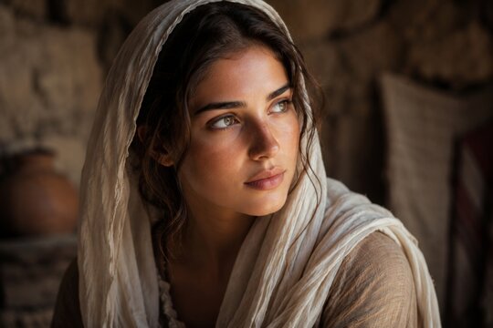 Portrait of a young woman wearing a headscarf in a rustic setting. Historical character look with natural light. Concept of tradition, spirituality, and timeless beauty for projects.