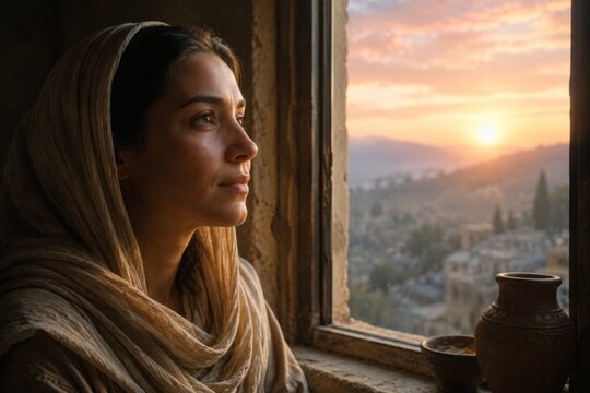 Woman wearing headscarf looking through window at sunset. Historical village landscape scene. Ancient tradition, spirituality, hope and peace concept. Cinematic historical drama portrayal.