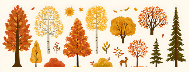 Fototapeta premium autumn trees, a set of vector illustrations featuring adorable shrubs and trees: oak, birch, aspen, linden, fir, sun, and dog