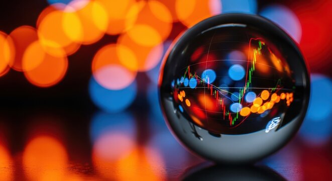 Financial stock market chart reflected in a glass crystal ball with blurred bokeh lights background