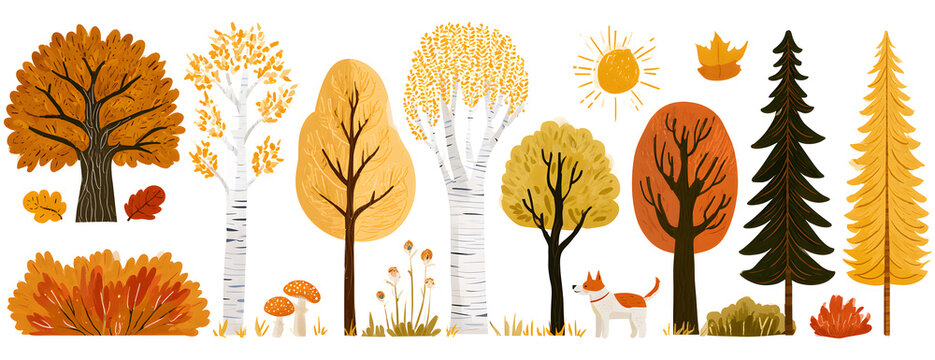 vector set of illustrations for autumn trees and shrubs including oak, birch, aspen, linden, fir, sun, and dog