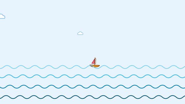 Motion of a Small Sailboat on Calm Ocean Waves in Serene Seascape Scene.
