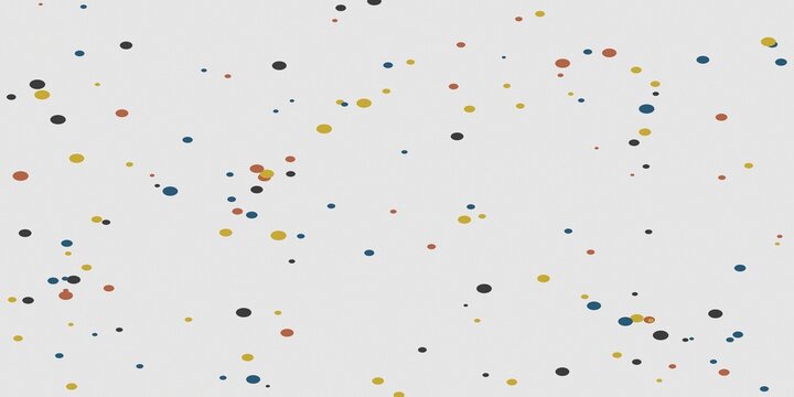 Minimalist abstract pattern with scattered colorful dots on white background.