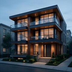 Fototapeta premium Modern Apartment Building With Balconies and Warm Evening Lights in Urban Residential Neighborhood