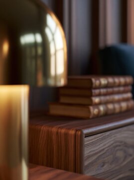 Luxury walnut bedside table with brass lamp and vintage books in cozy bedroom