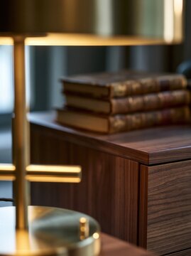 Luxury wooden nightstand with vintage books and brass lamp in cozy bedroom