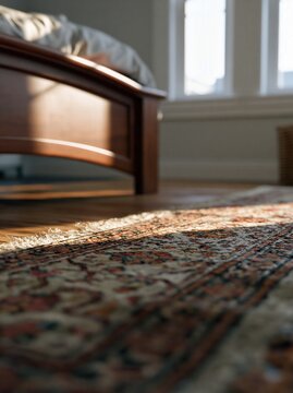 Vintage oriental rug beside wooden bed in warm morning sunlight