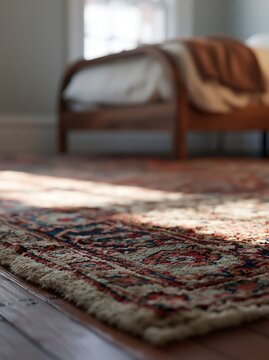 Vintage oriental rug in cozy bedroom with wooden bed and warm morning sunlight