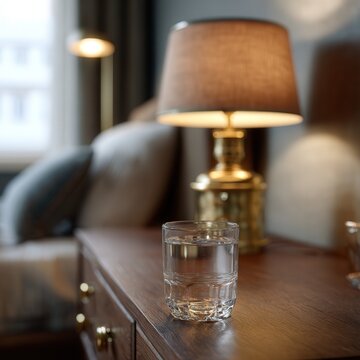 Glass of drinking water on bedside table with modern brass lamp in cozy bedroom