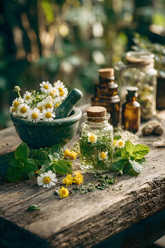 Herbs and flowers are arranged on a wooden table near glass jars and a mortar in a garden setting