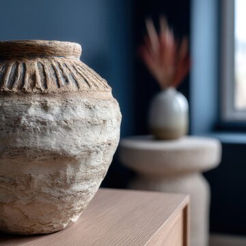 Rustic handmade ceramic vase with sculptural stone pedestal in modern interior